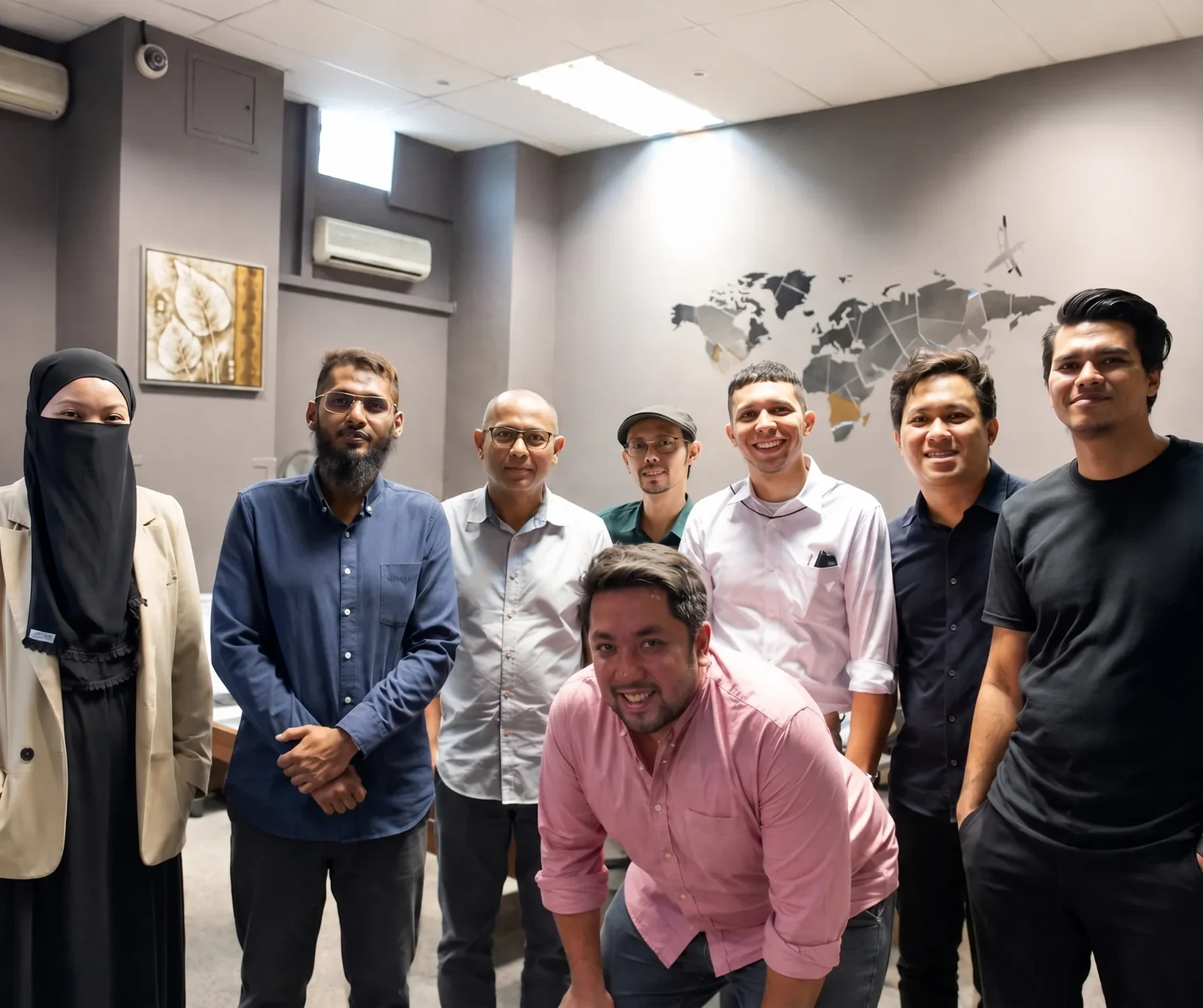 The Fastrans Forwarding team together at the Singapore office beneath the world map wall
